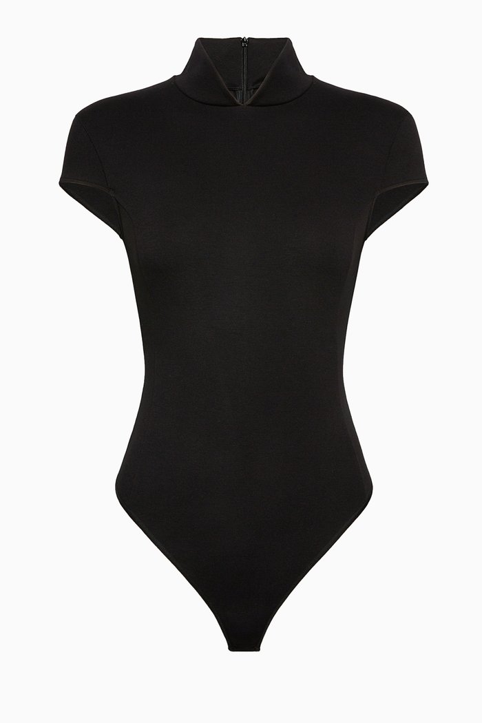 

Mandarin Collar Bodysuit in Viscose Jersey, Black