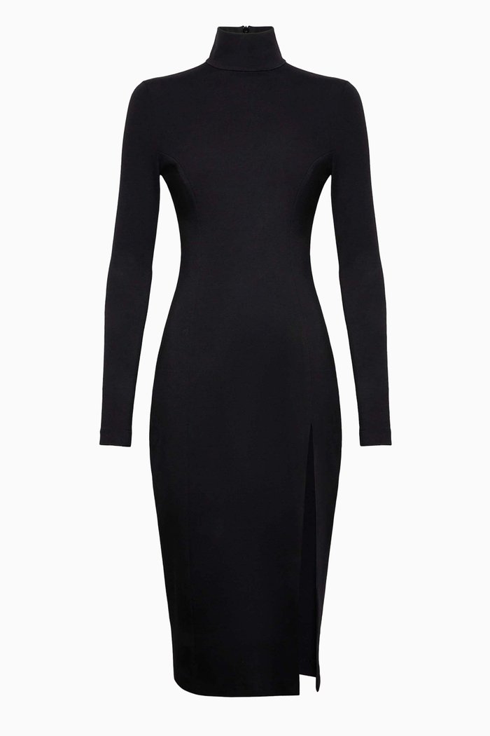 

Midi Turtleneck Slit Dress in Viscose Jersey, Black