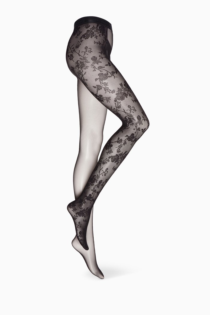 

Split Tights in Sheer Opaque & Floral Lace, Black