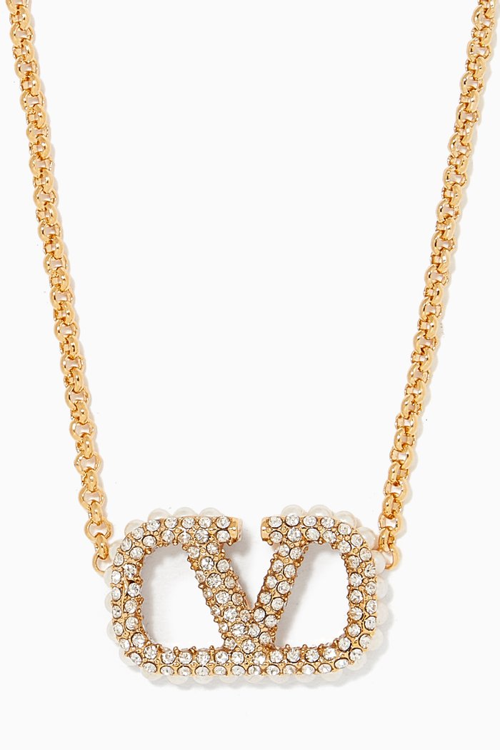 

Valentino Garavani VLOGO Strass & Pearl Necklace in Metal, Gold