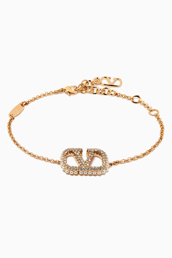 Valentino Garavani VLOGO Strass & Pearl Bracelet in Metal, Gold