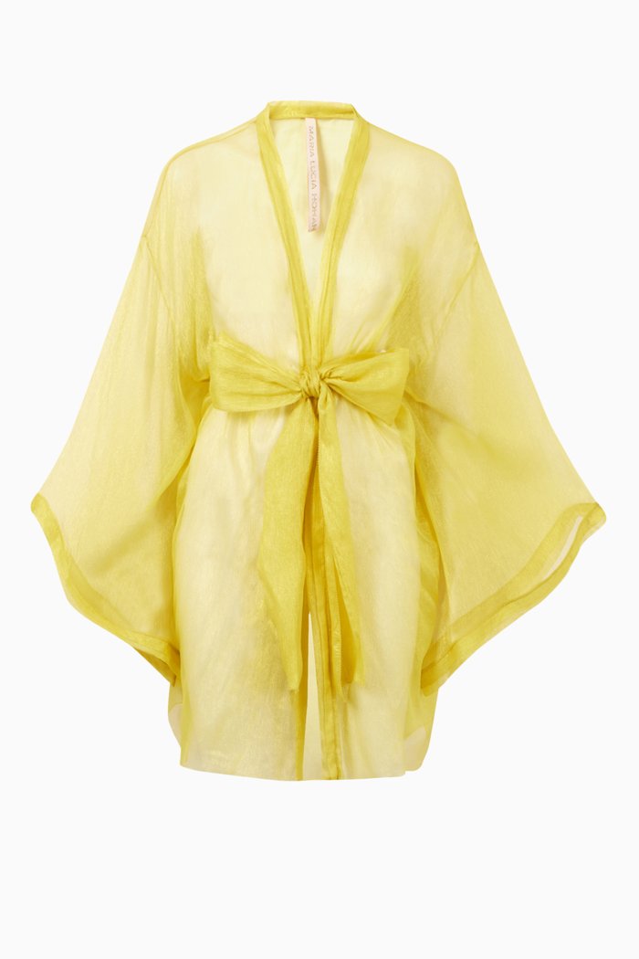 

Belize Kimono Robe in Metallic Silk Mousseline, Yellow