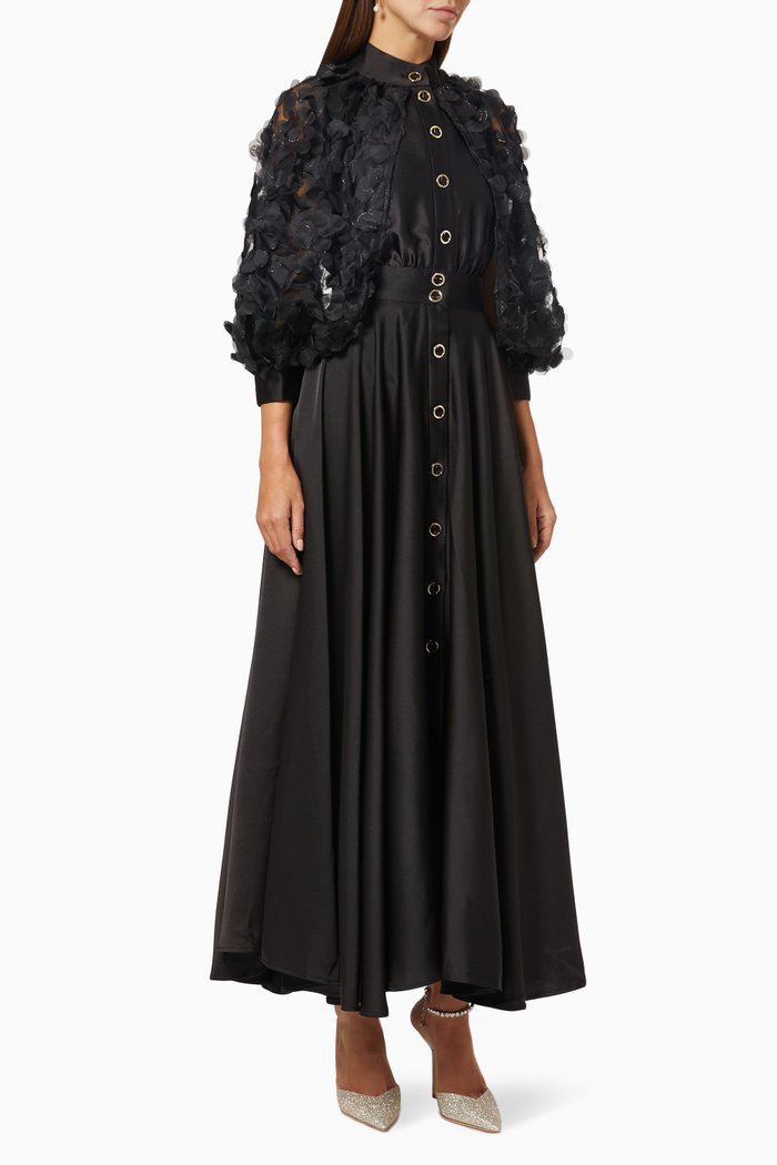 

Embroidered Sleeve Shirt Dress in Satin, Black