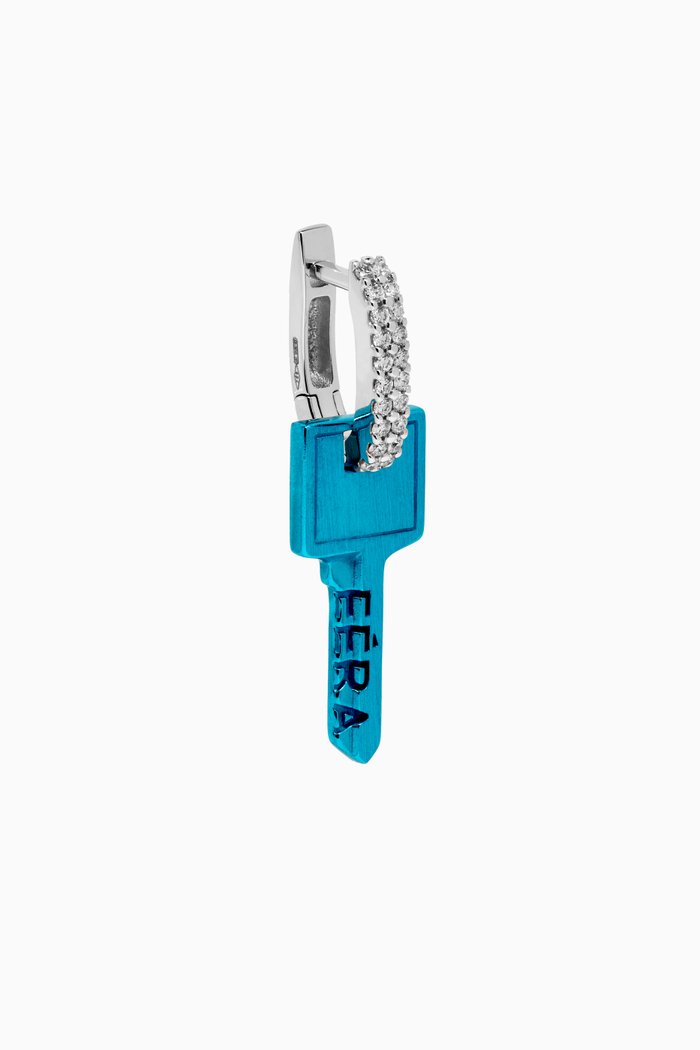 Small Single Key Earring in 18kt White Gold & Silver, Blue