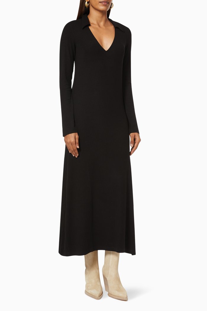 

Ribbed Collar Maxi Dress in Stretch Tencel, Black
