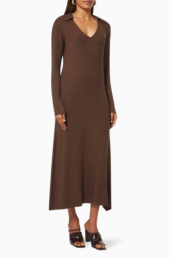 

Ribbed Collar Maxi Dress in Stretch Tencel, Brown