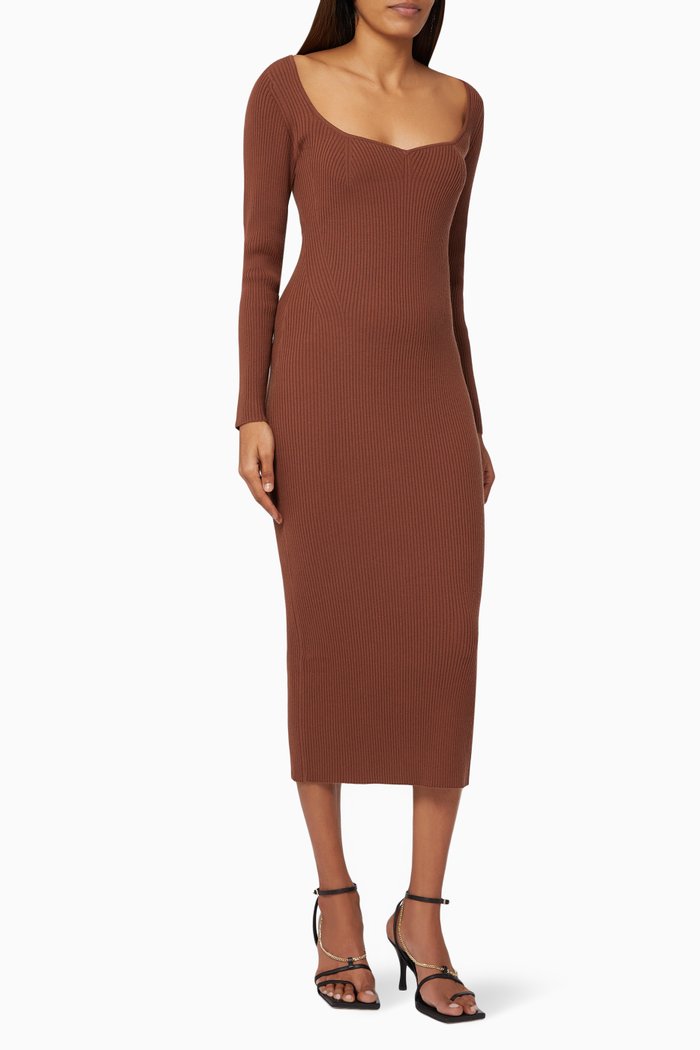 

Sweetheart Midi Dress in Ribbed Knit, Brown