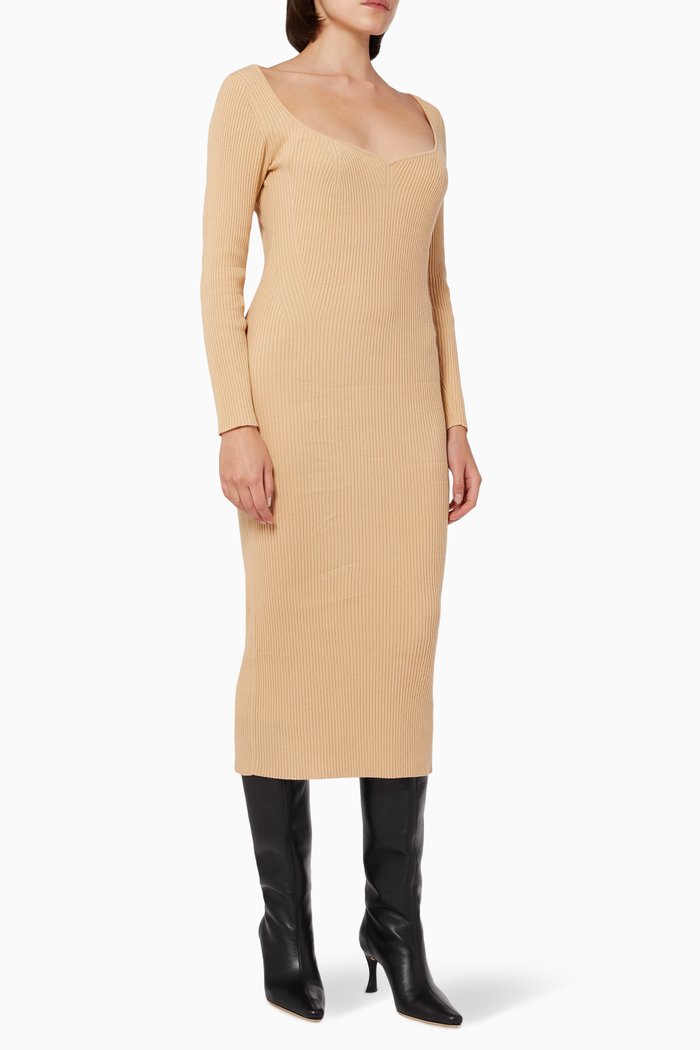 

Sweetheart Midi Dress in Ribbed Knit, Neutral