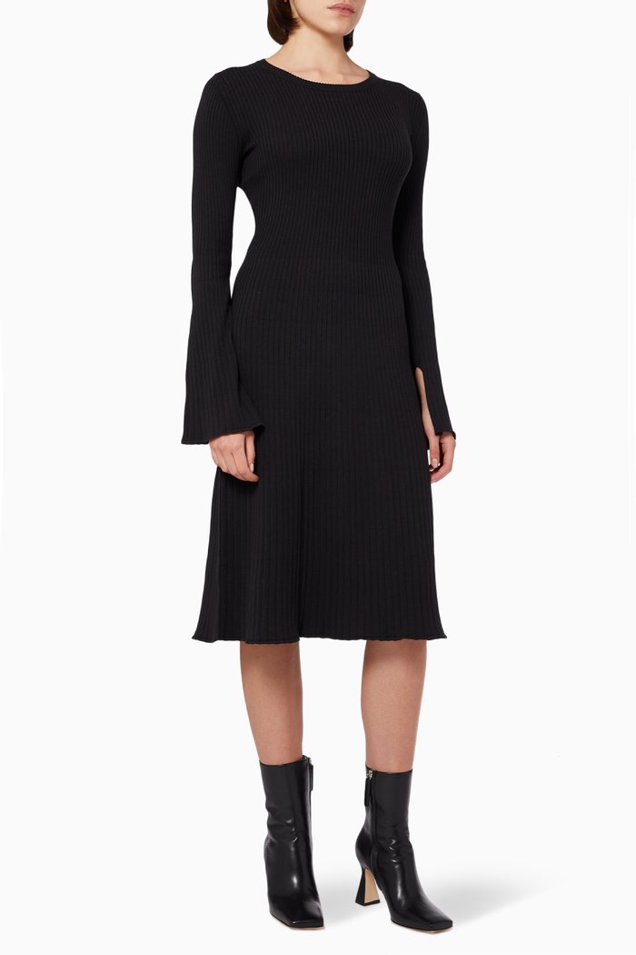 

Sunburst Split Cuff Dress in Ribbed Knit, Black