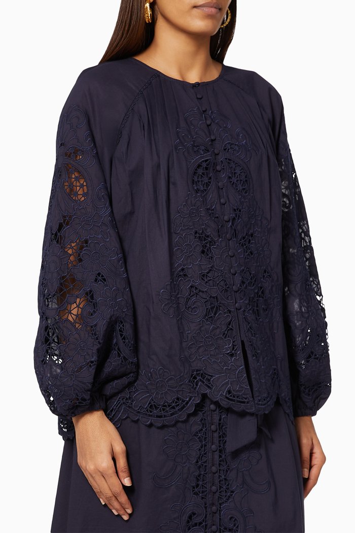 

Renaissance Blouse in Embroidered Cotton, Blue