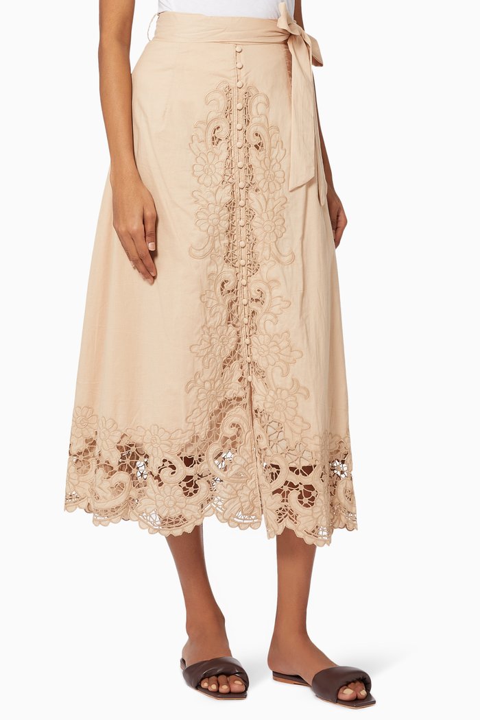 

Renaissance Midi Skirt in Embroidered Cotton, Pink