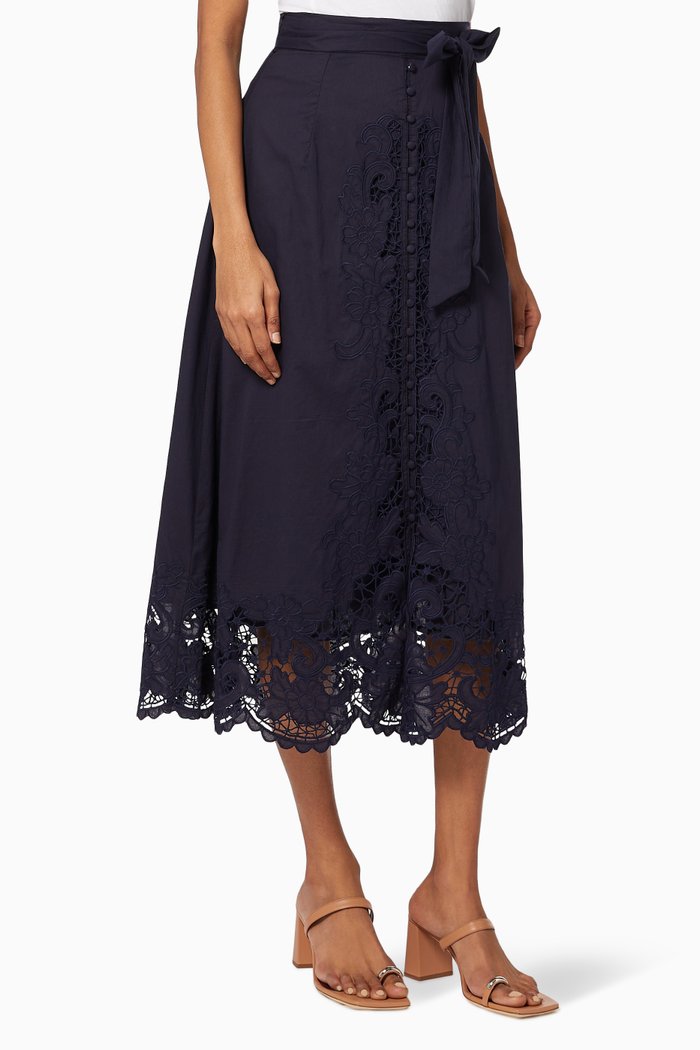 

Renaissance Midi Skirt in Embroidered Cotton, Blue