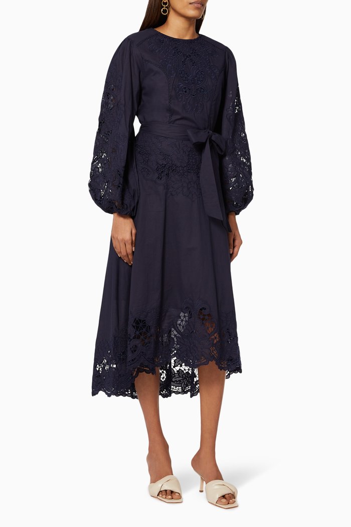 Renaissance Midi Dress in Embroidered Cotton, Blue