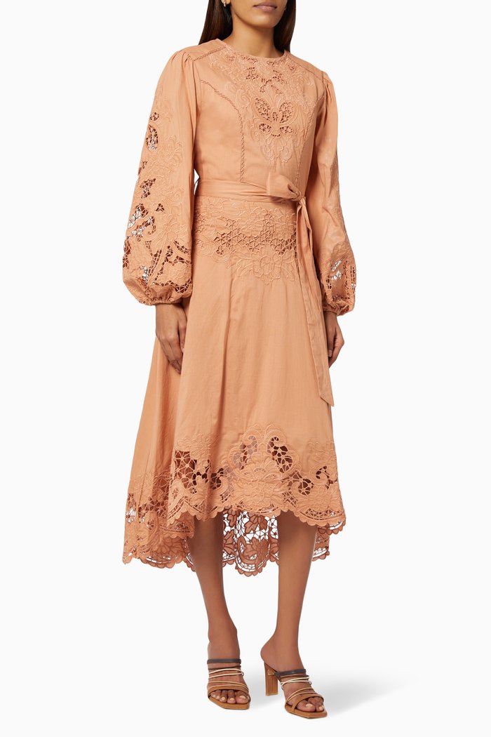 

Renaissance Midi Dress in Embroidered Cotton, Pink
