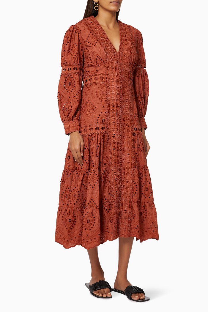 

Nouveau Maxi Dress in Embroidered Cotton, Orange