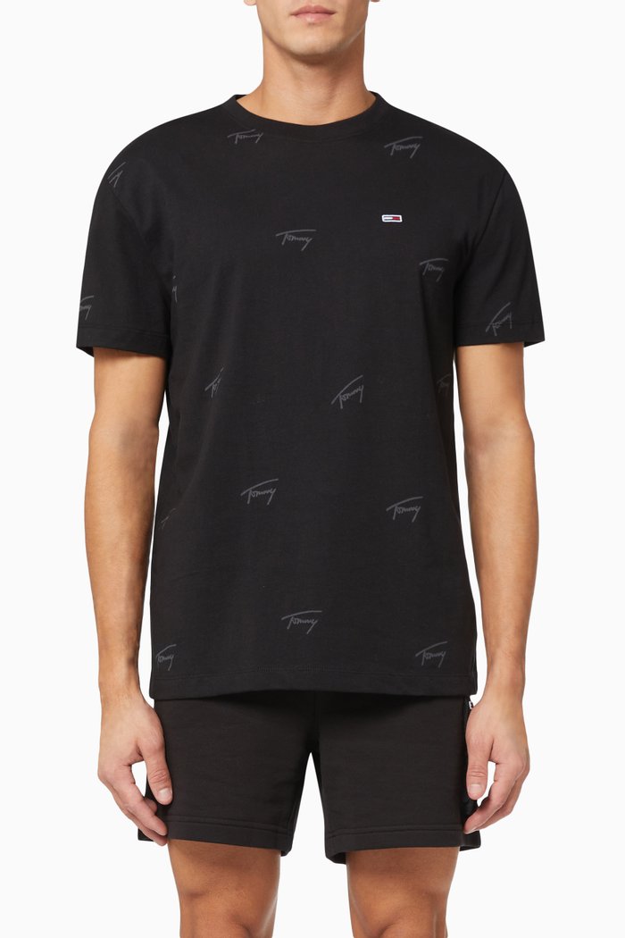

All-Over Signature Print T-Shirt in Organic Cotton Jersey, Black