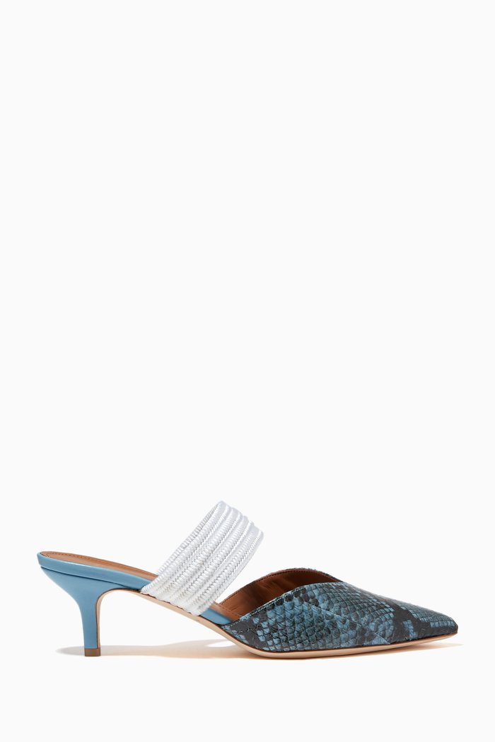 

Maisie 45 Mules in Snake Print Leather, Blue
