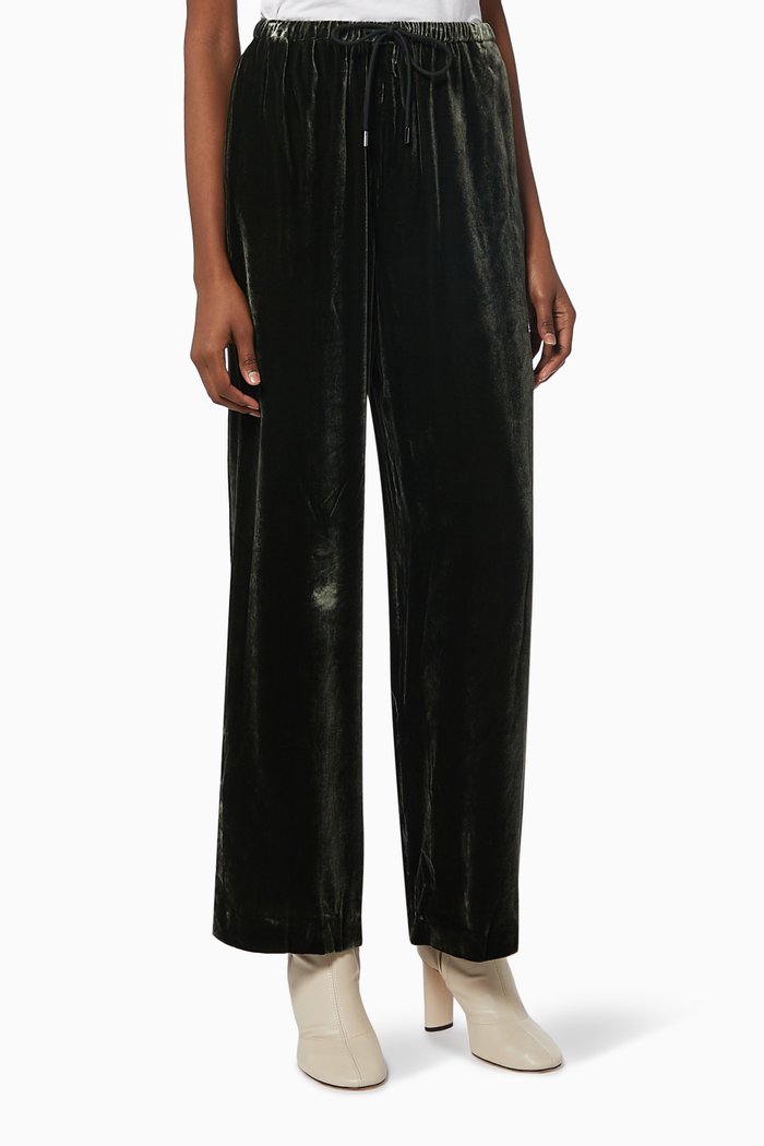 

Drawstring Wide-Leg Pants in Velvet, Green