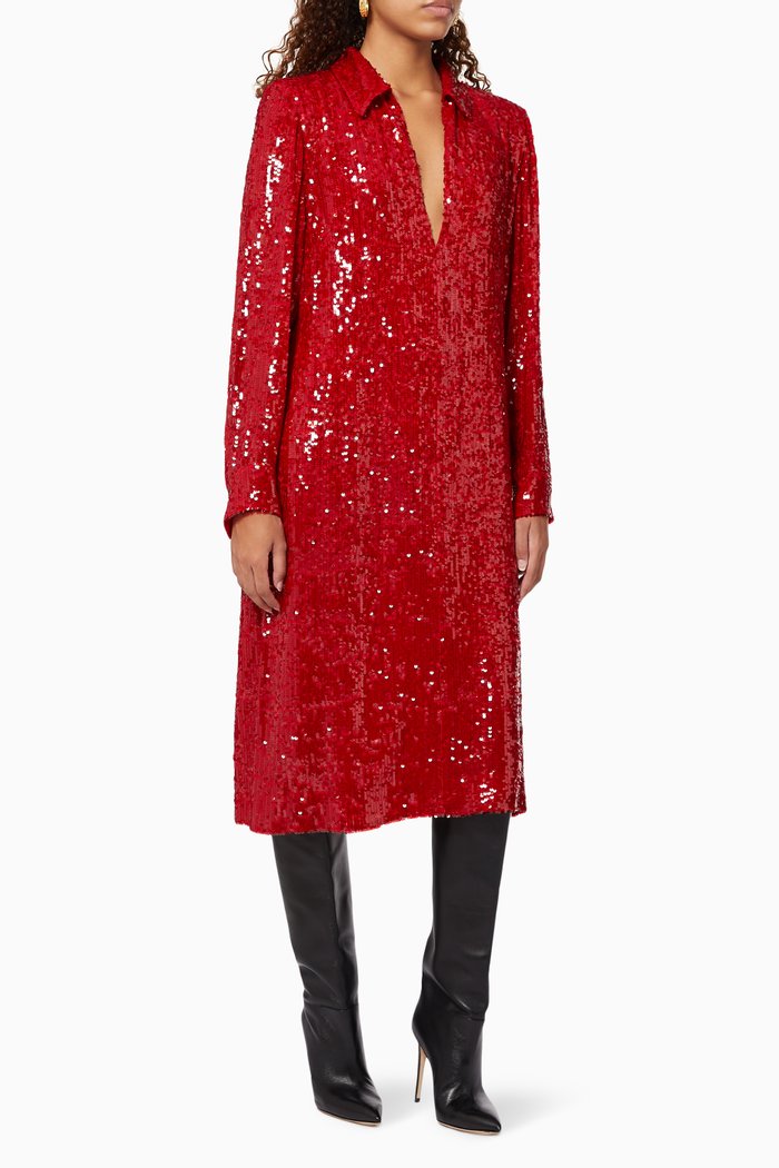 

Della Dress in Embroidered Sequins, Red