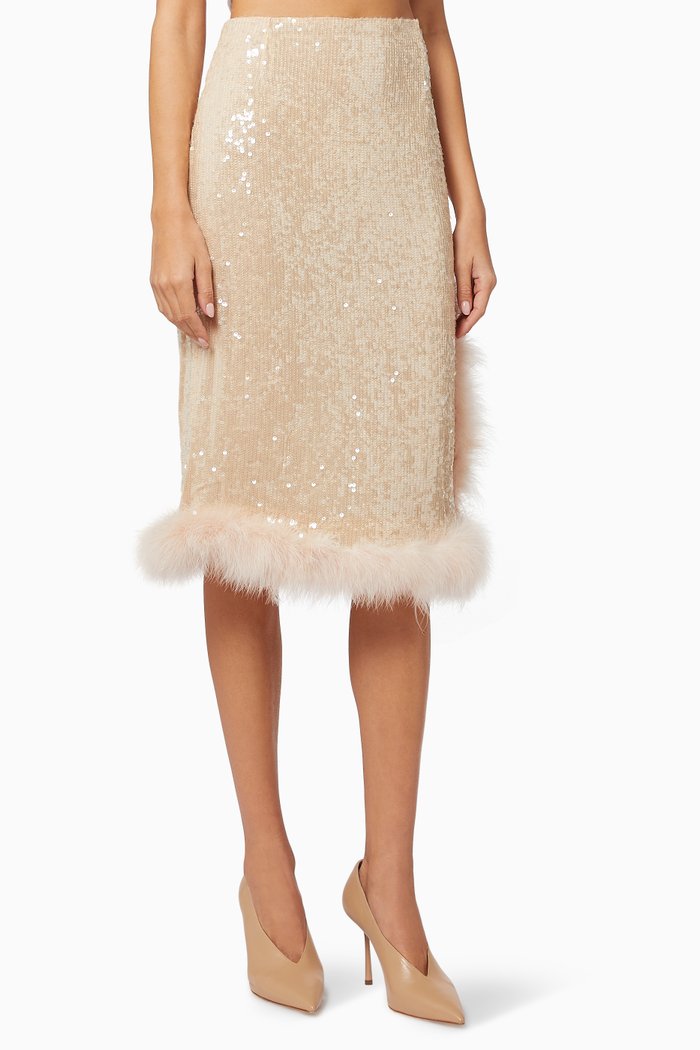 

Spany Feather Trim Skirt in Sequined Viscose, Pink
