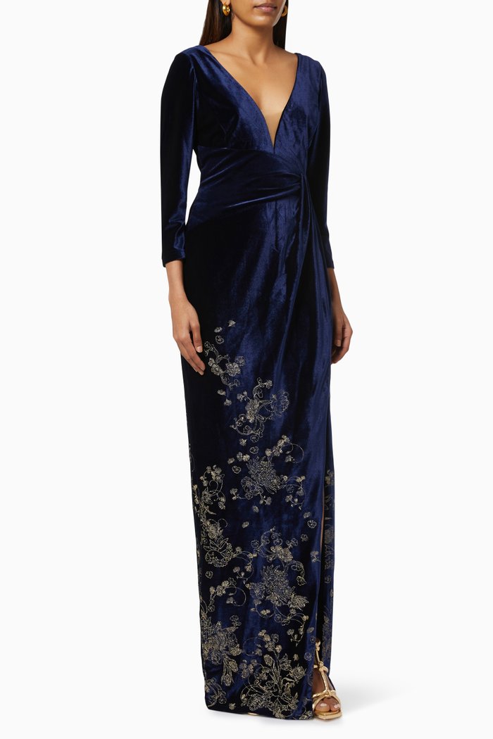 

Floral Embroidered Gown in Velvet, Blue