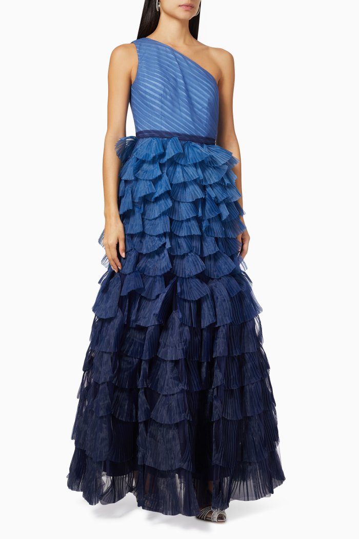 

One-Shoulder Ruffle Tiered Dress, Blue