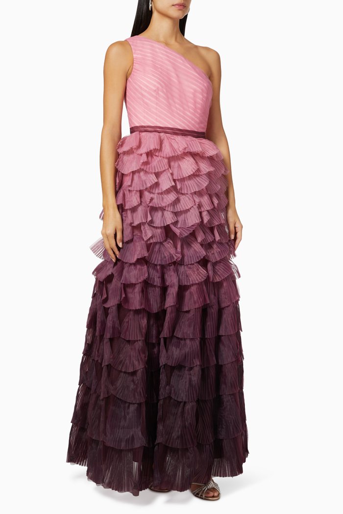 

One-Shoulder Ruffle Tiered Dress, Pink