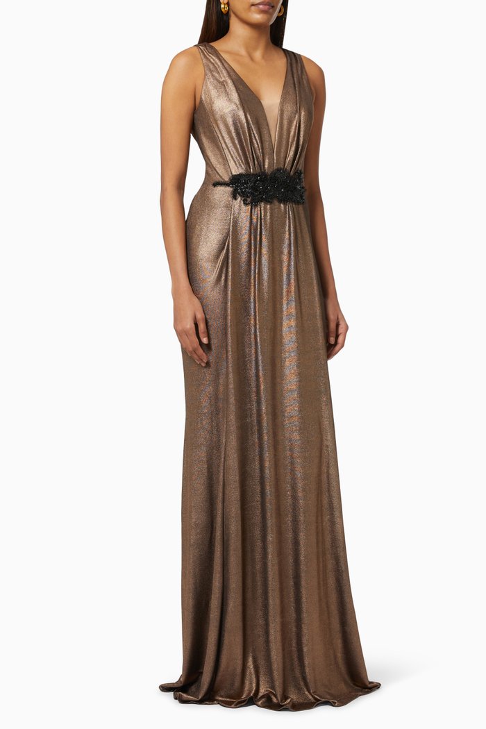 

Beaded Embellished Metallic Gown, Gold