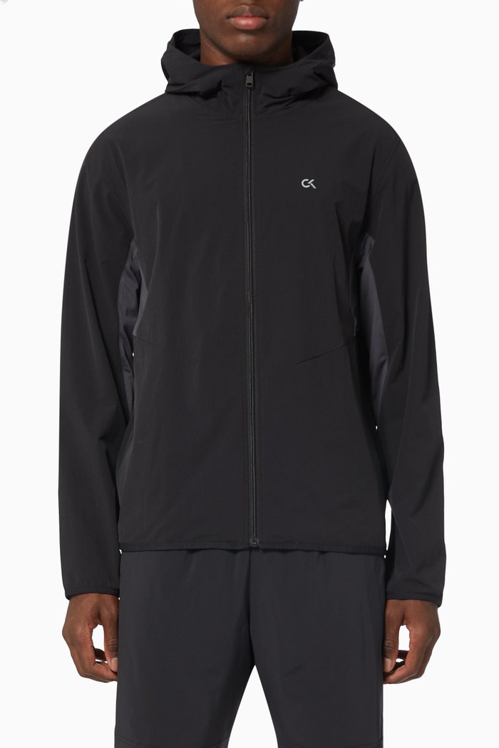 

Hooded Windbreaker Jacket in Stretch Nylon, Black