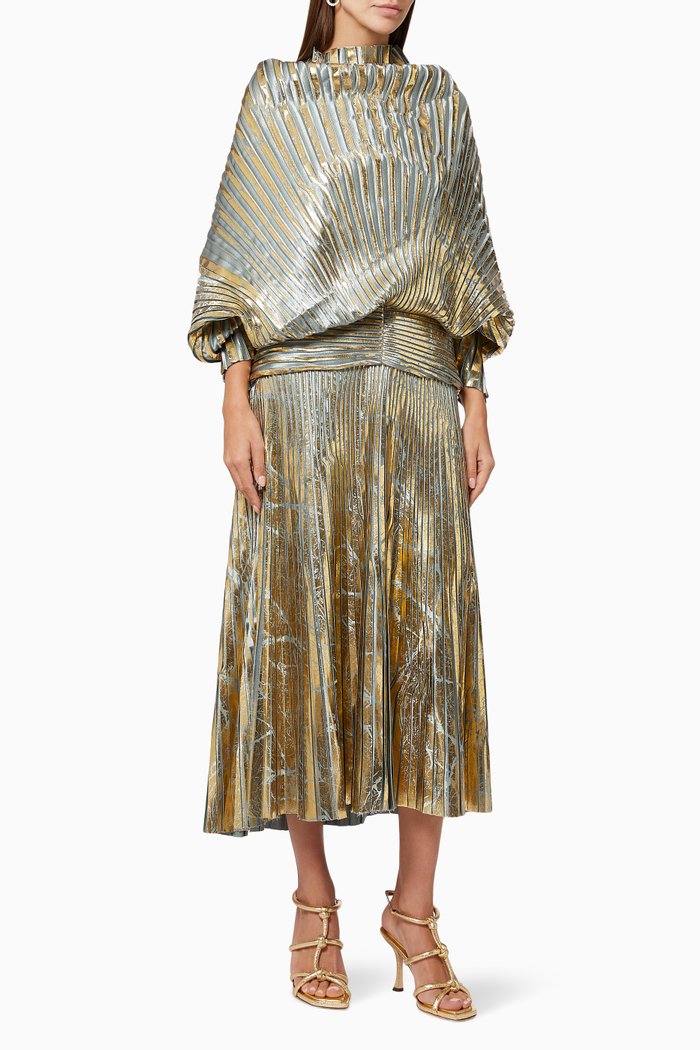 

Gallium Pleated Dress in Metallic Crepe, Gold