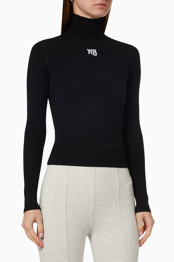 

Logo Patch Turtleneck Top in Bodycon Knit, Black