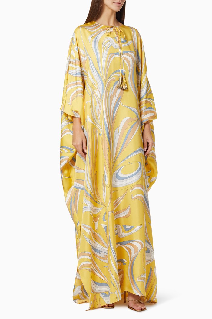 

Vortici Print Kaftan in Silk Twill, Yellow