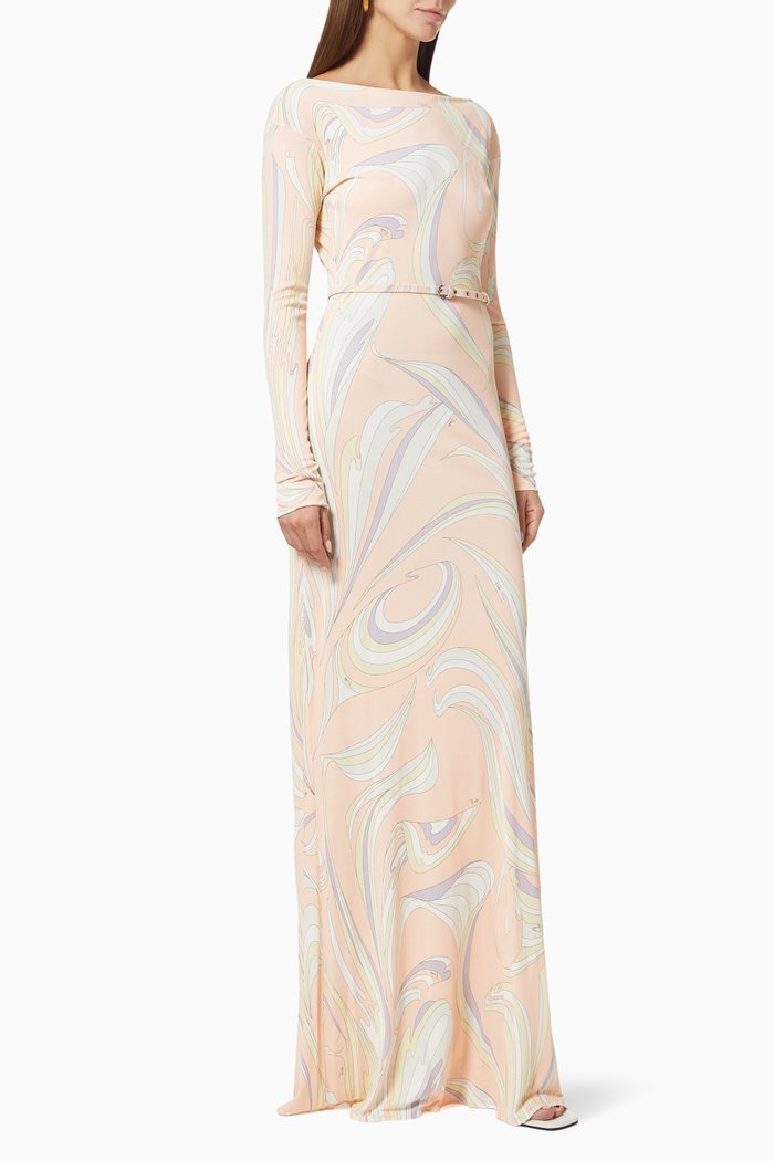 

Vortici Print Belted Maxi Dress in Jersey, Pink