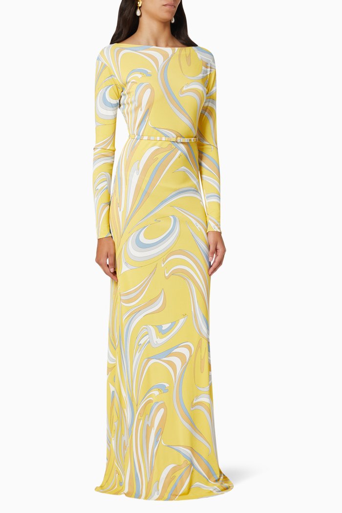 

Vortici Print Belted Maxi Dress in Jersey, Yellow