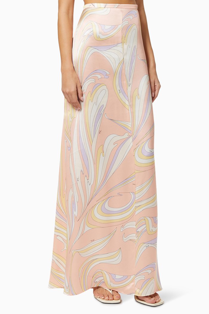 Vortici Print Maxi Skirt in Viscose Satin, Pink