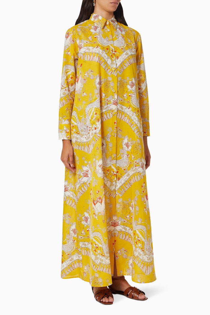 

Rugiada Print Maxi Chemisier Dress in Cotton Viscose, Yellow