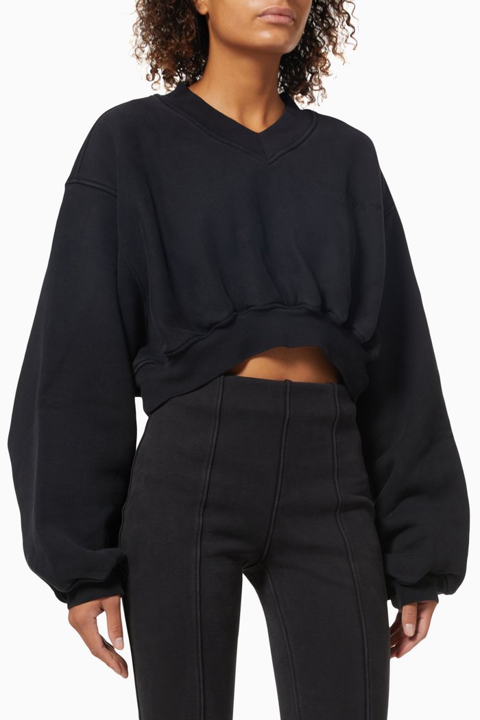 

V-neck Cropped Pullover in Classic Terry, Black