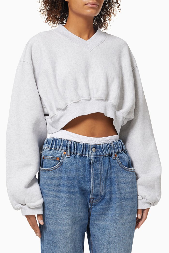 

V-neck Cropped Pullover in Classic Terry, Grey