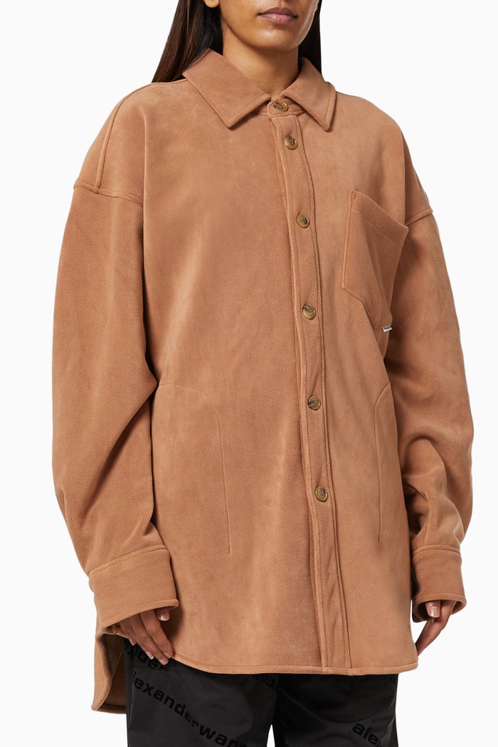 

Oversized Shirt Jacket in Fleece Velour, Brown