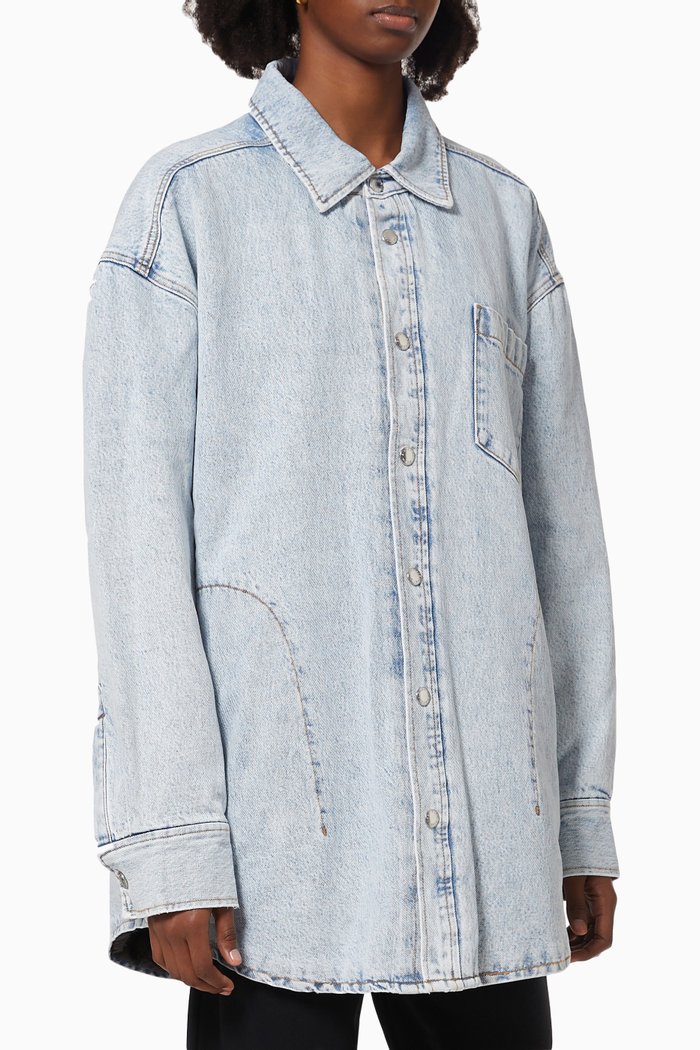 

Quilted Oversized Shirt Coat in Denim, Blue