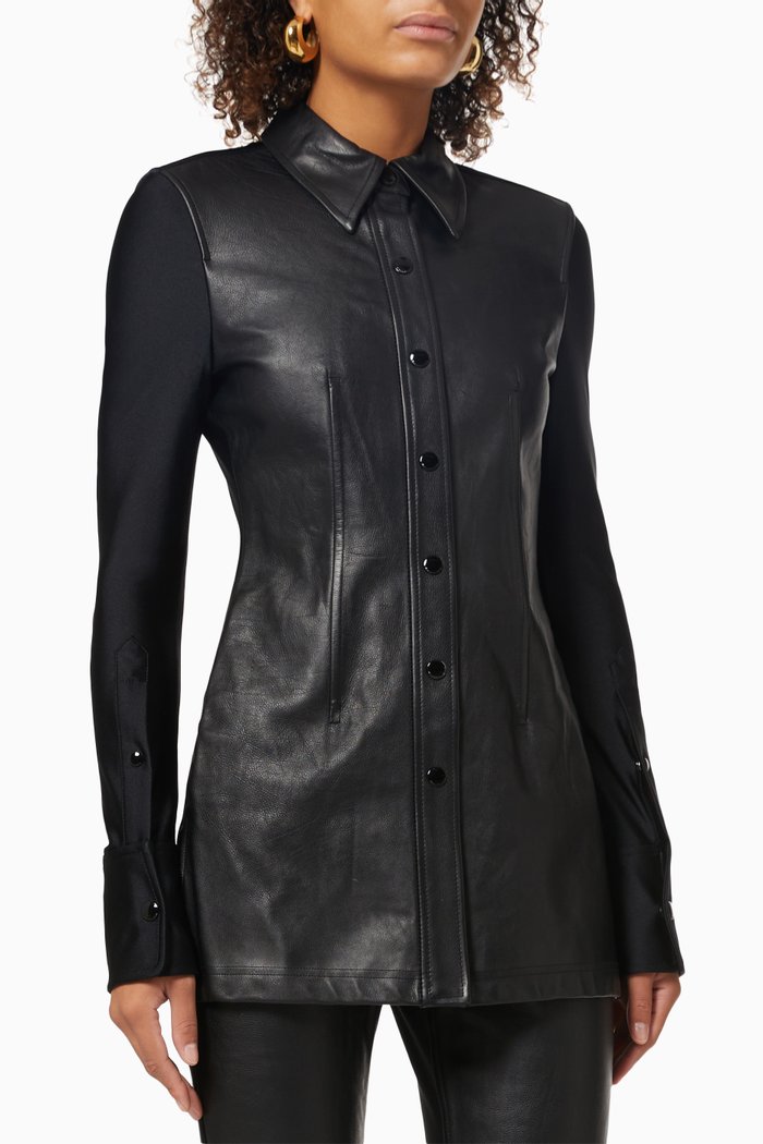 Long Corset Shirt in Leather & Active Stretch, Black