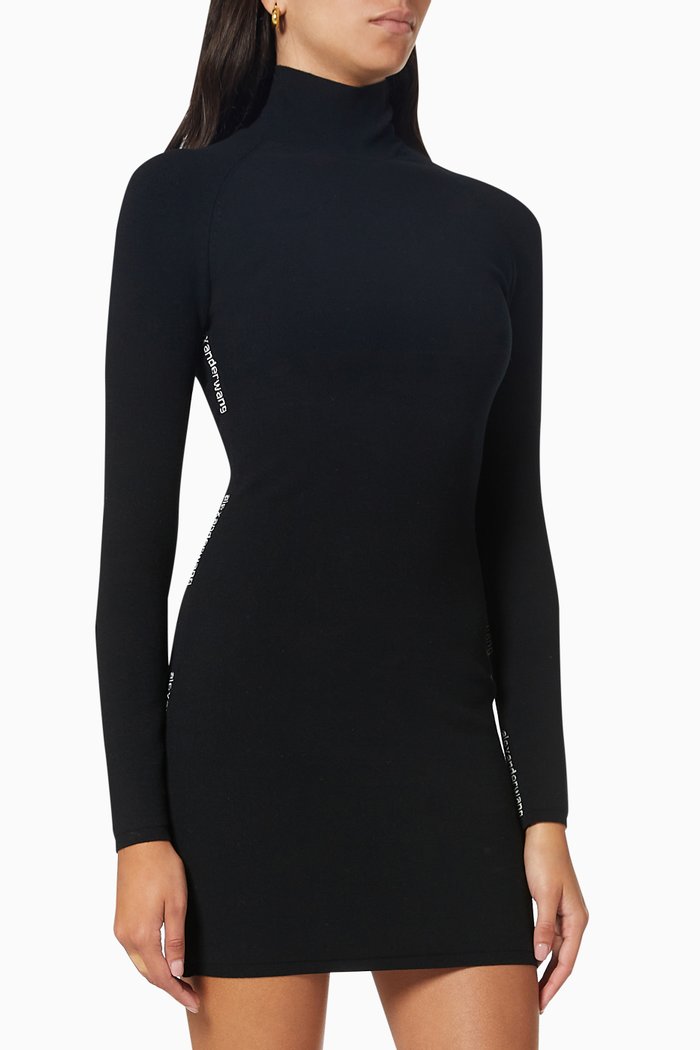 

Turtleneck Dress in Logo Jacquard Viscose, Black