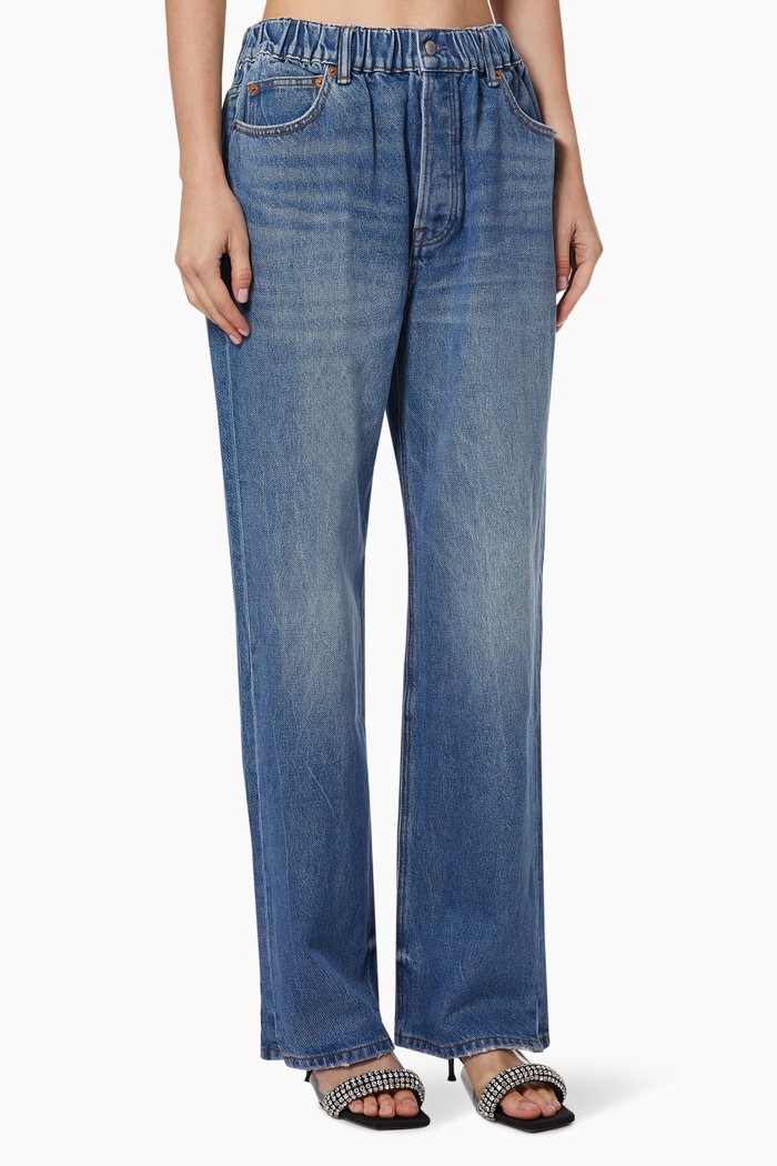 

Ruched Waist Baggy Jeans in Stretch Denim, Blue