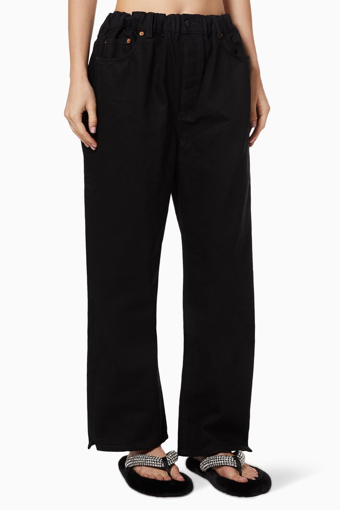 

Ruched Waist Baggy Jeans in Stretch Denim, Black