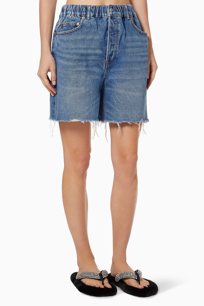 

Ruched Waist Baggy Shorts in Stretch Denim, Blue