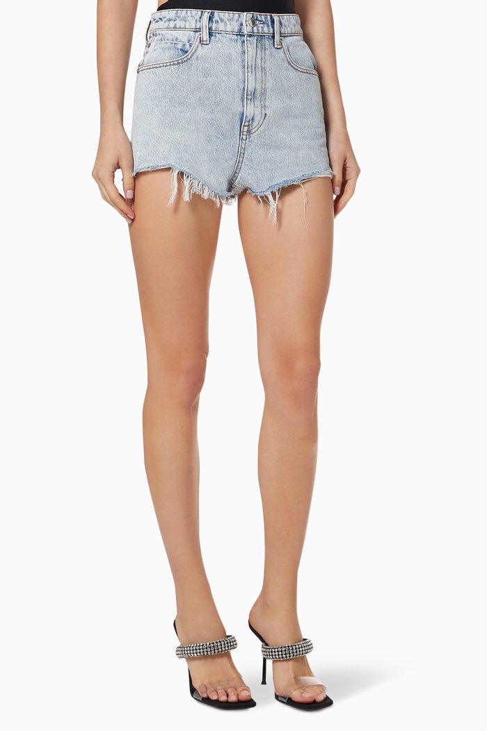 High-waisted Shorts in Stretch Denim, Blue