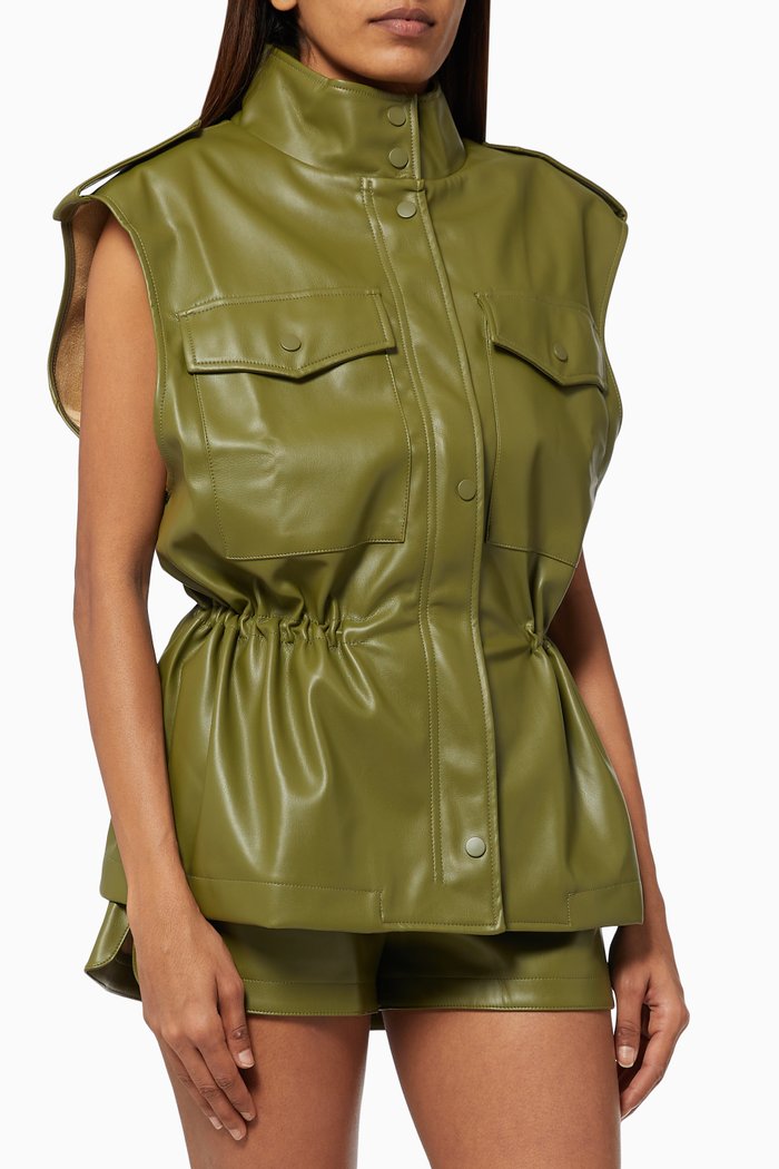 

Ines Cargo Vest in Faux Leather, Green