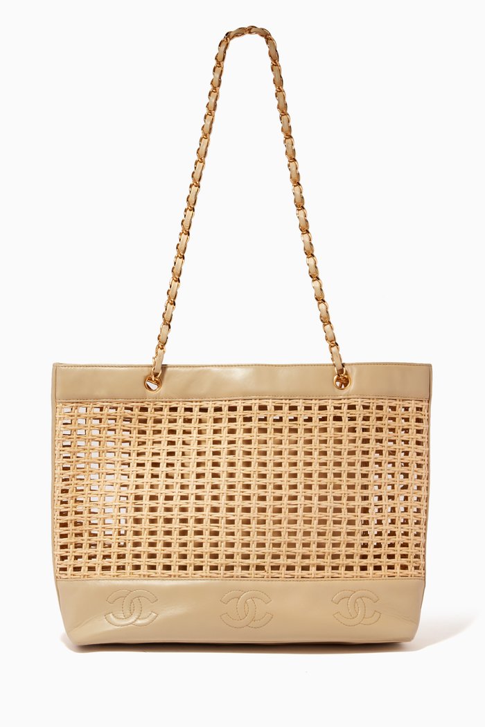 

Triple CC Tote Bag in Lambskin & Straw, Gold