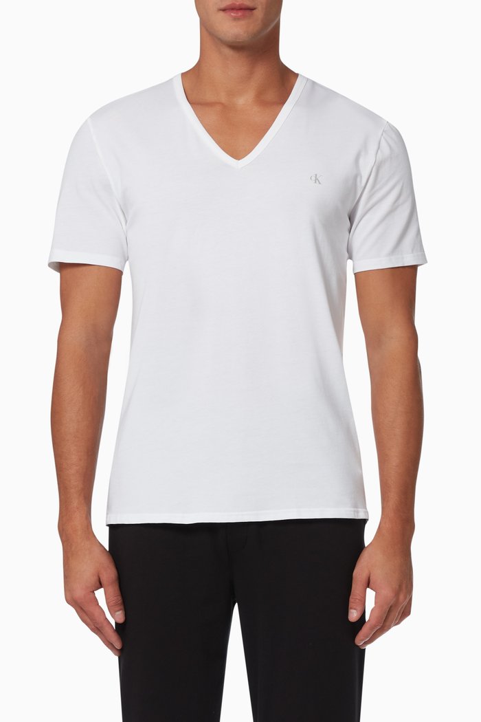V-Neck T-shirt in Stretch Jersey, Set of 2, White