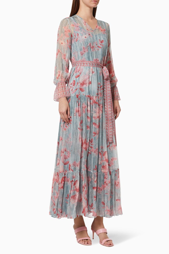 Floral Tiered Dress with Belt, Grey